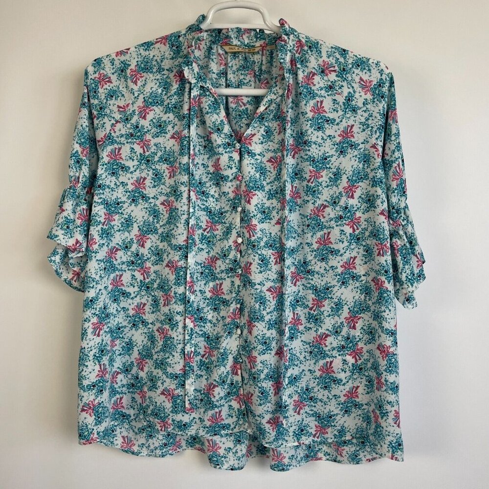 Uniqlo Paul & Joe Womens Floral Print Tie Neck Ruffle Blouse Size M 3/4 Sleeve